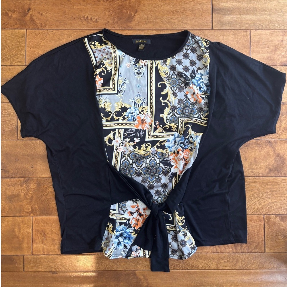 Goddess Women 3X Black Mixed Media Floral Baroque Scarf Print Tie Front Top